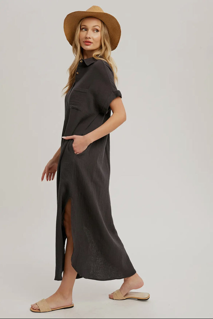 Gray Button Up Maxi Shirt Dress