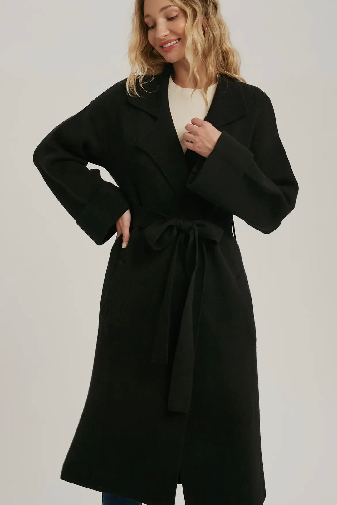 Lapel Collar Black Knitted Trench Coat