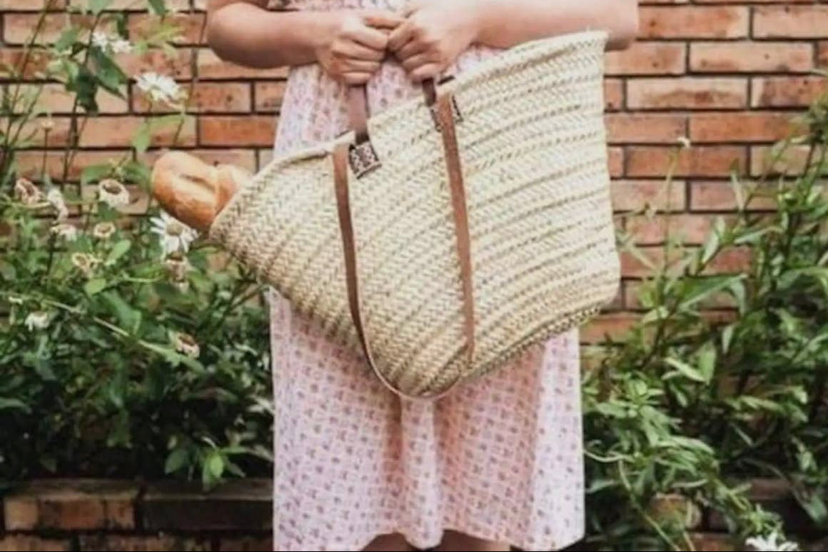 Handmade French Farmer’s Market/Beach Straw Bag with Double Flat Dark Brown Leather Handles