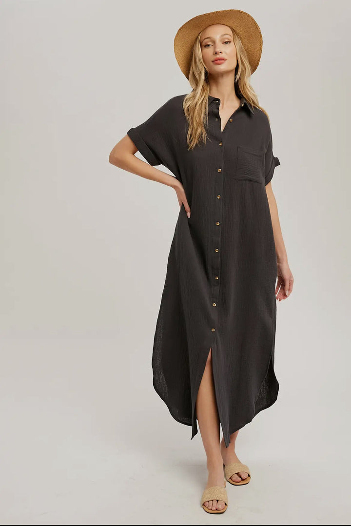 Gray Button Up Maxi Shirt Dress