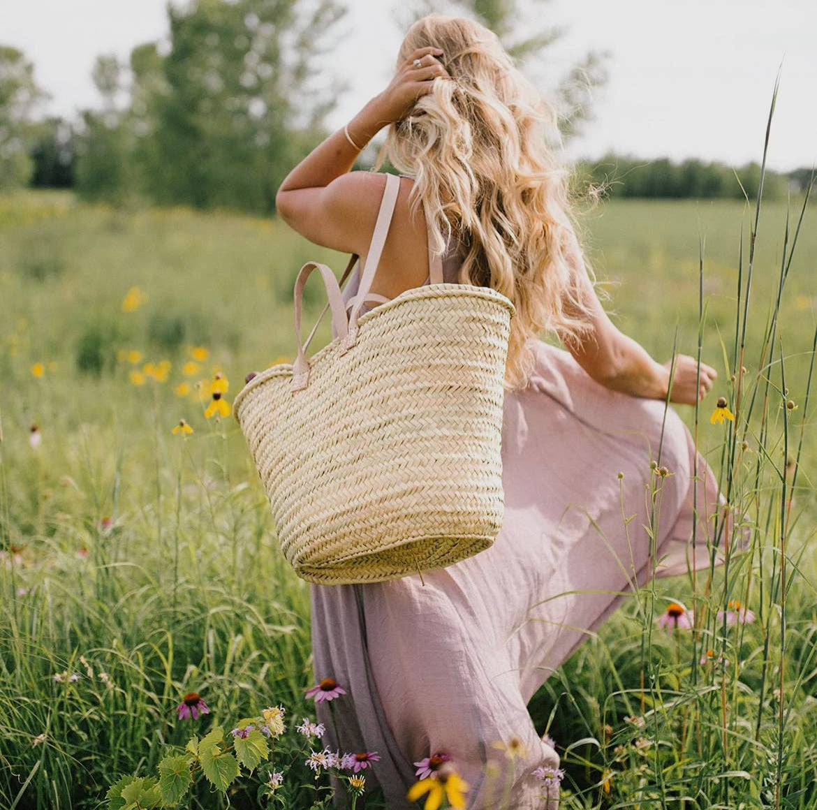 Handmade French Farmers Market/Beach Straw Bag with Double Flat Light Natural Leather Handles