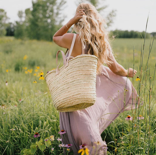 Handmade French Farmers Market/Beach Straw Bag with Double Flat Light Natural Leather Handles