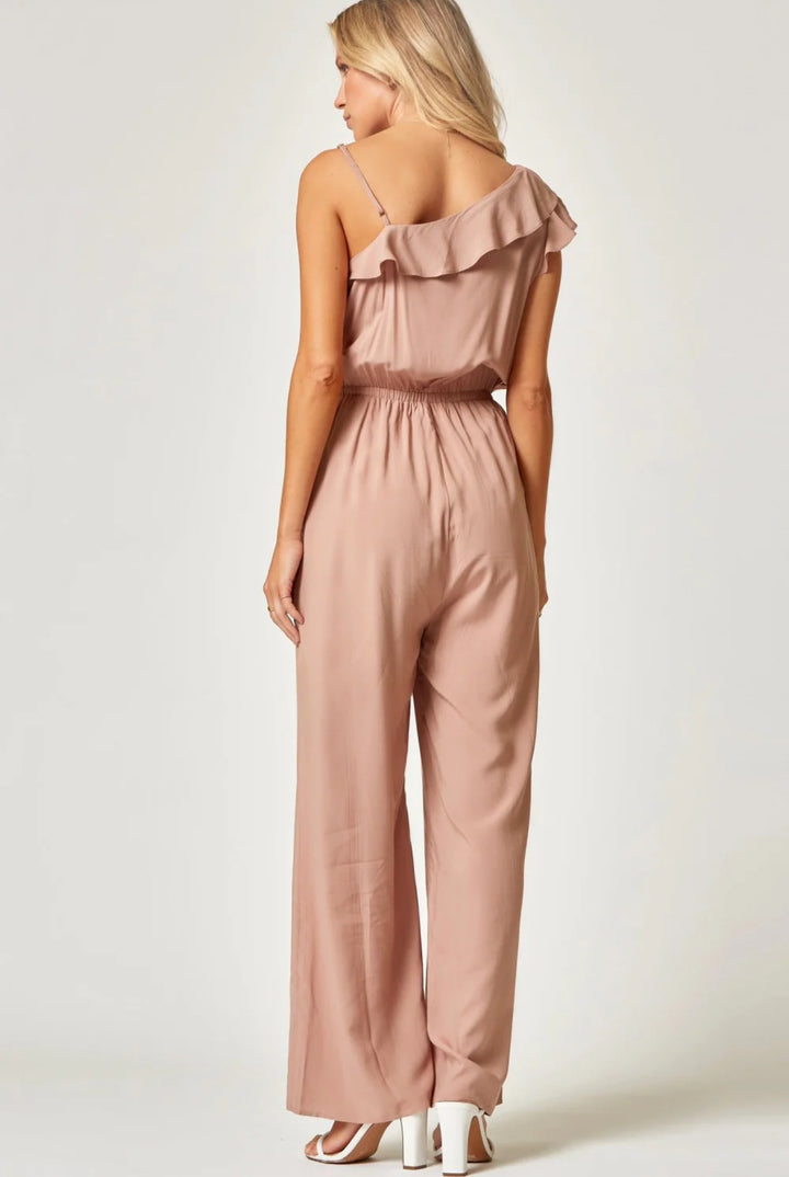 Mocha One Shoulder Ruffled Jumpsuit