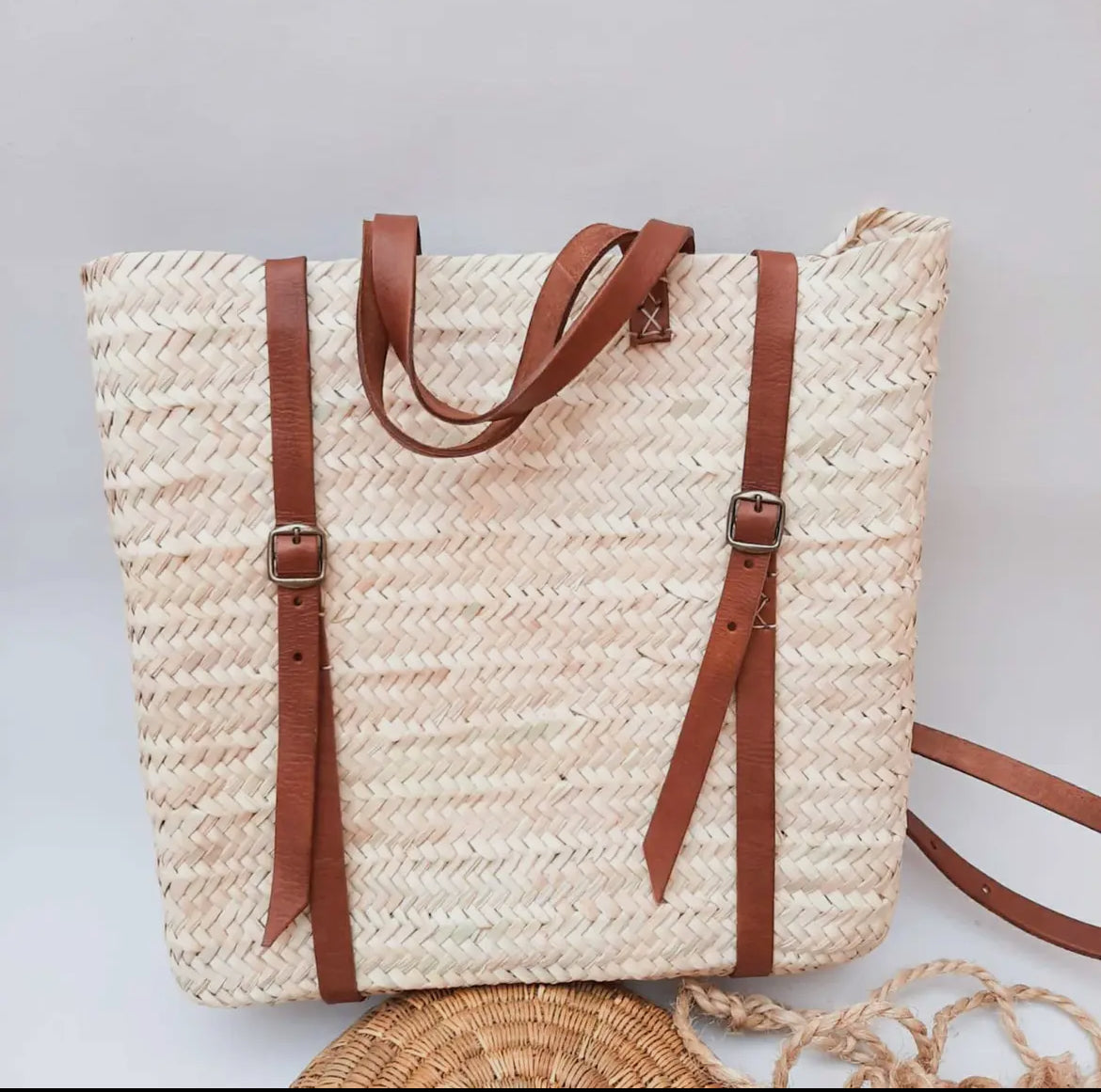 Handmade Farmers Market/Beach  Straw Backpack with Brown Leather Straps