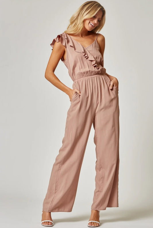 Mocha One Shoulder Ruffled Jumpsuit