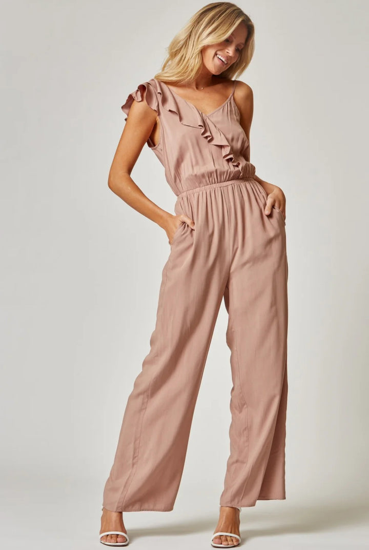 Mocha One Shoulder Ruffled Jumpsuit