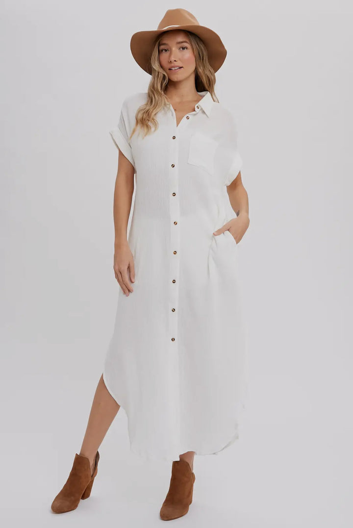 White Button Up Maxi Shirt Dress