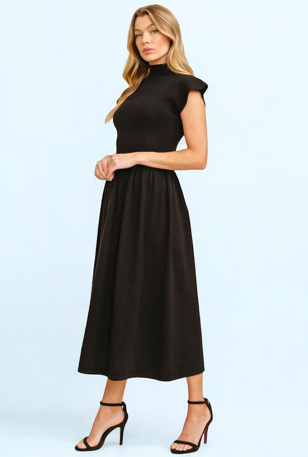 Black High Neck Knit Midi Length Dress