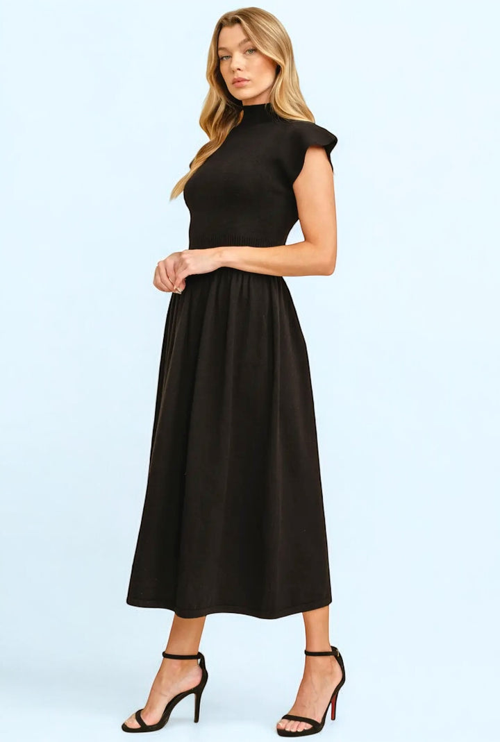 Black High Neck Knit Midi Length Dress