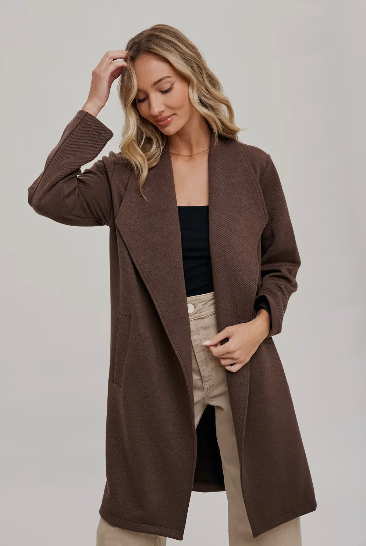 Espresso Draped Open Front Coat Jacket