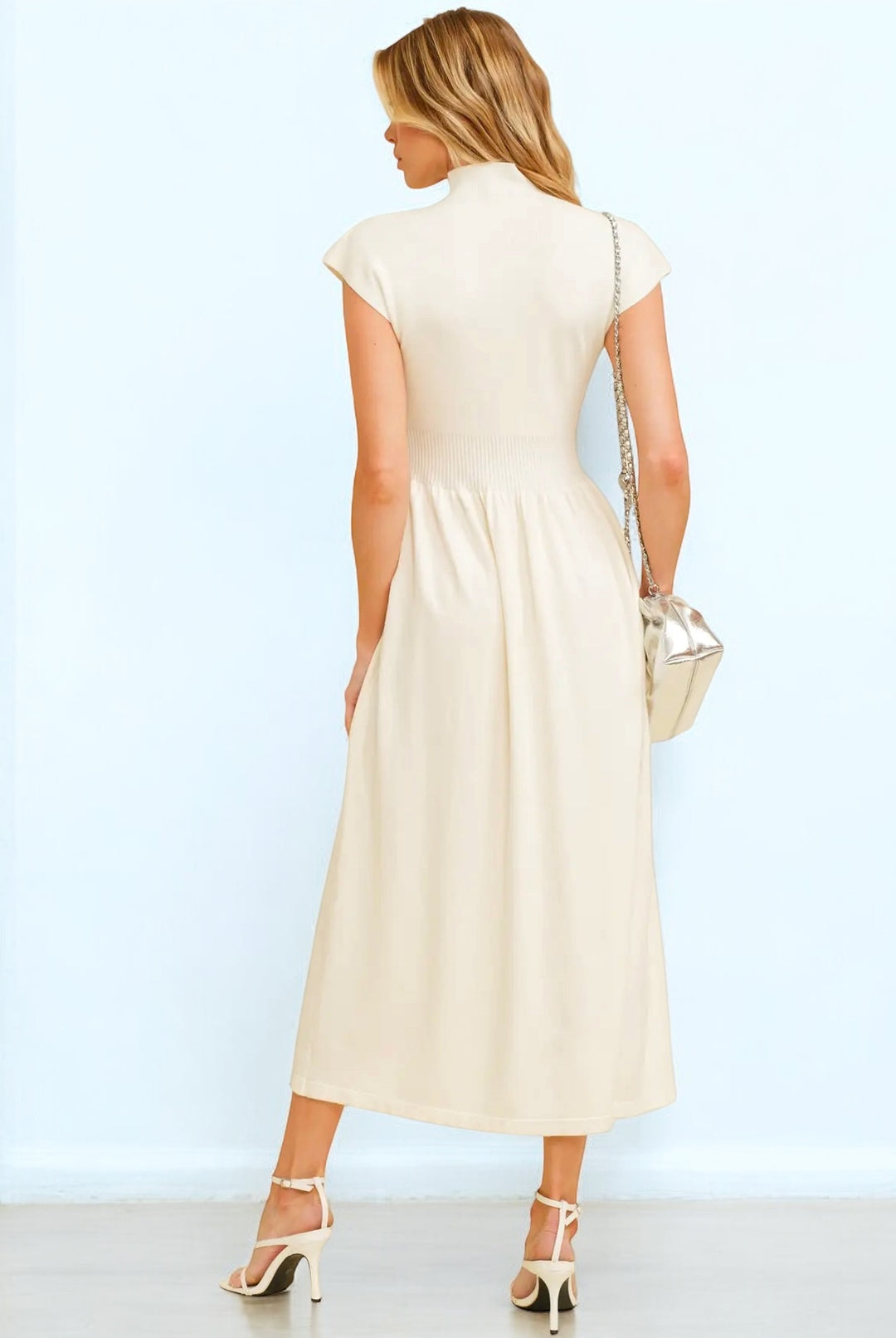 Cream High Neck Knit Midi Length Dress