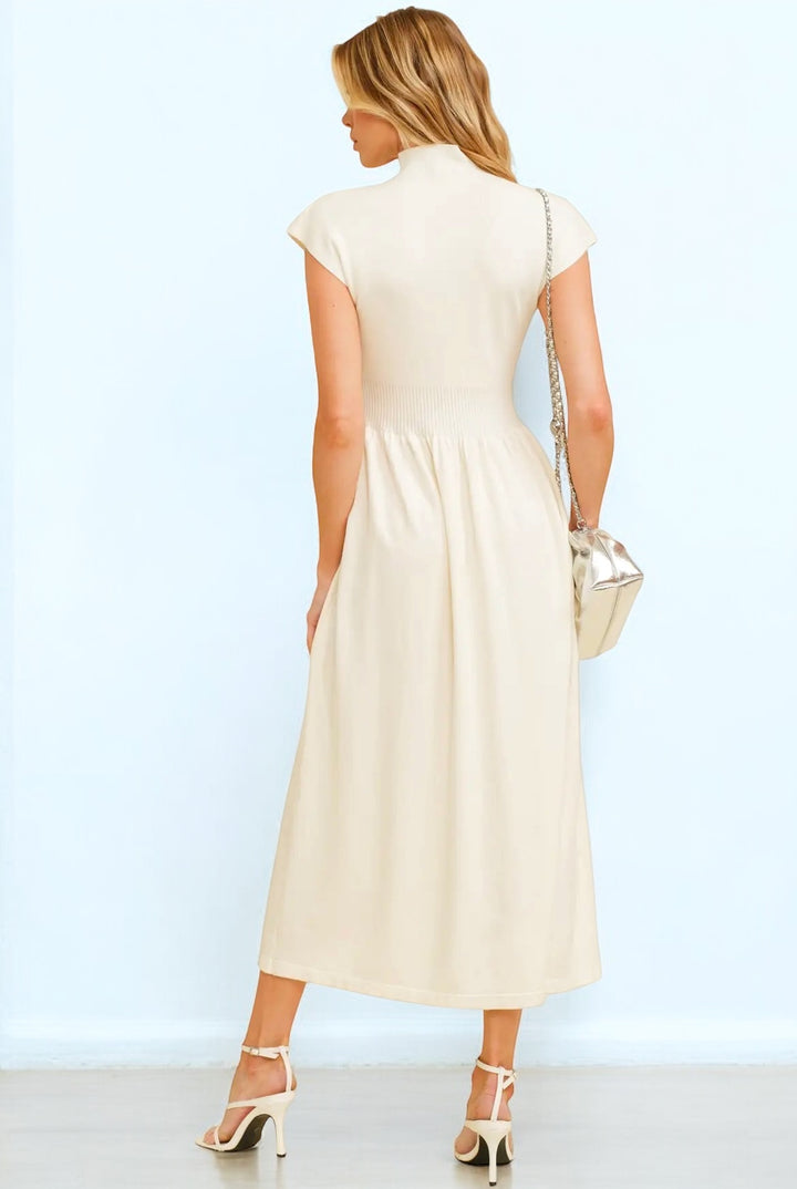 Cream High Neck Knit Midi Length Dress