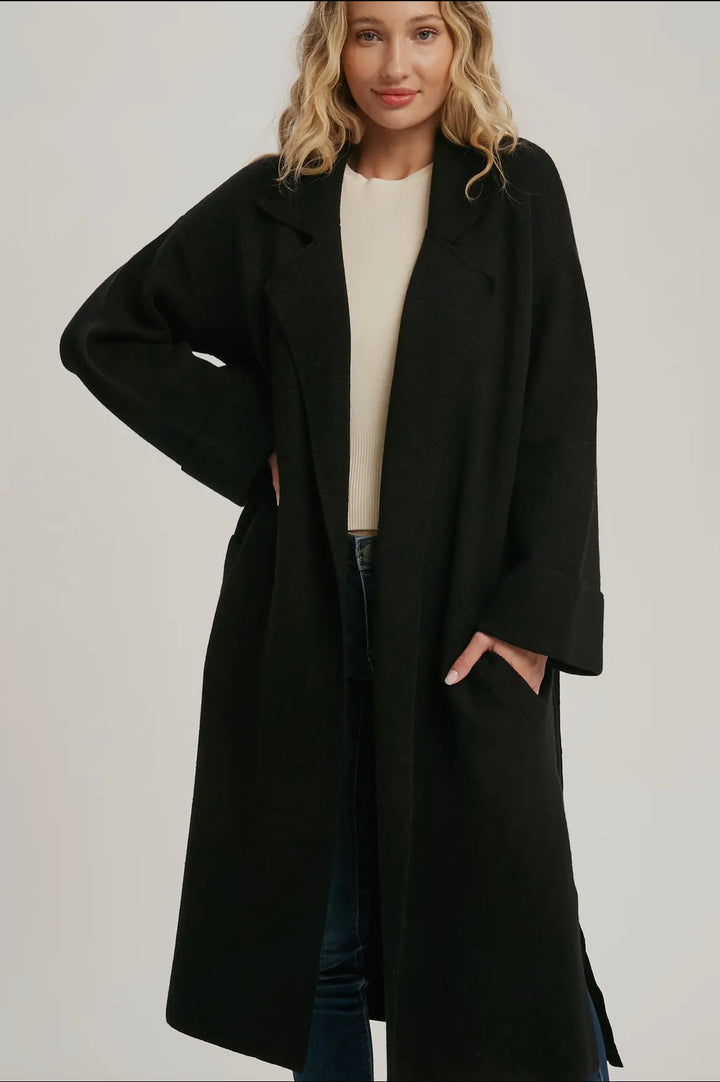 Lapel Collar Black Knitted Trench Coat