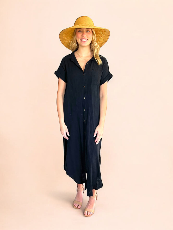 Black Button Up Maxi Shirt Dress