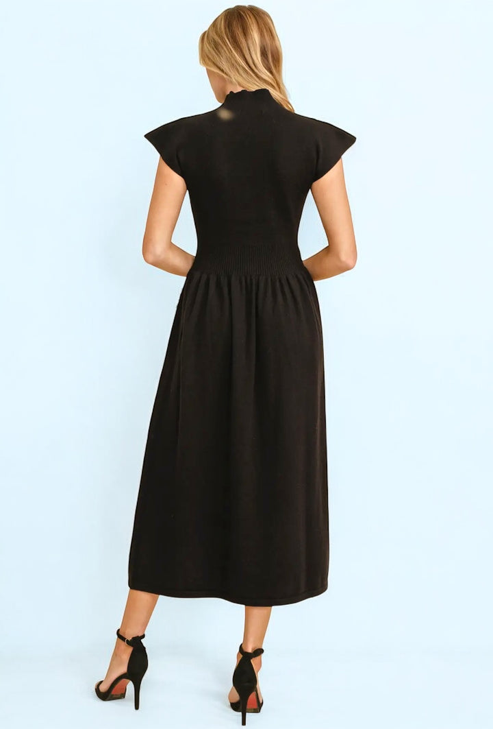 Black High Neck Knit Midi Length Dress