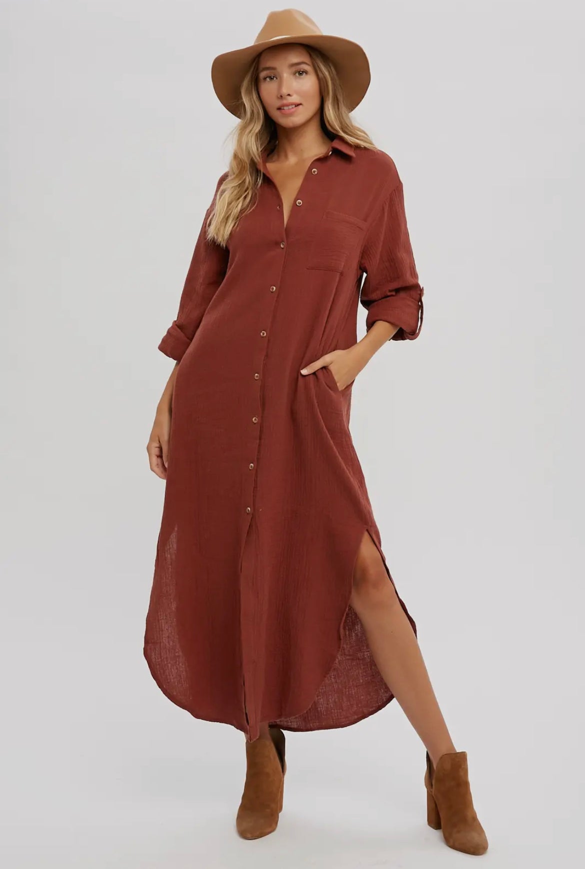 Hunter Green Button Up Maxi Shirt Dress with Pockets