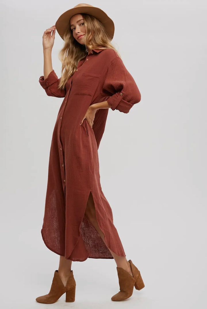 Brick Button Up Maxi Shirt Dress with Pockets