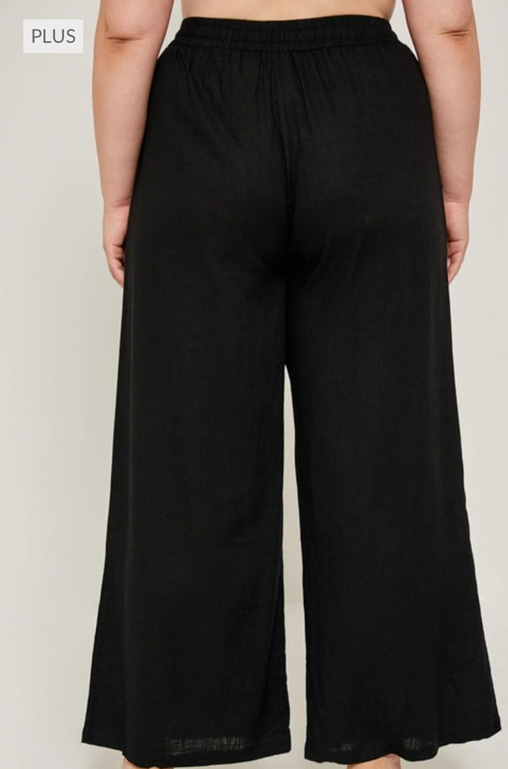 Plus Size Black Linen Drawstring Pants