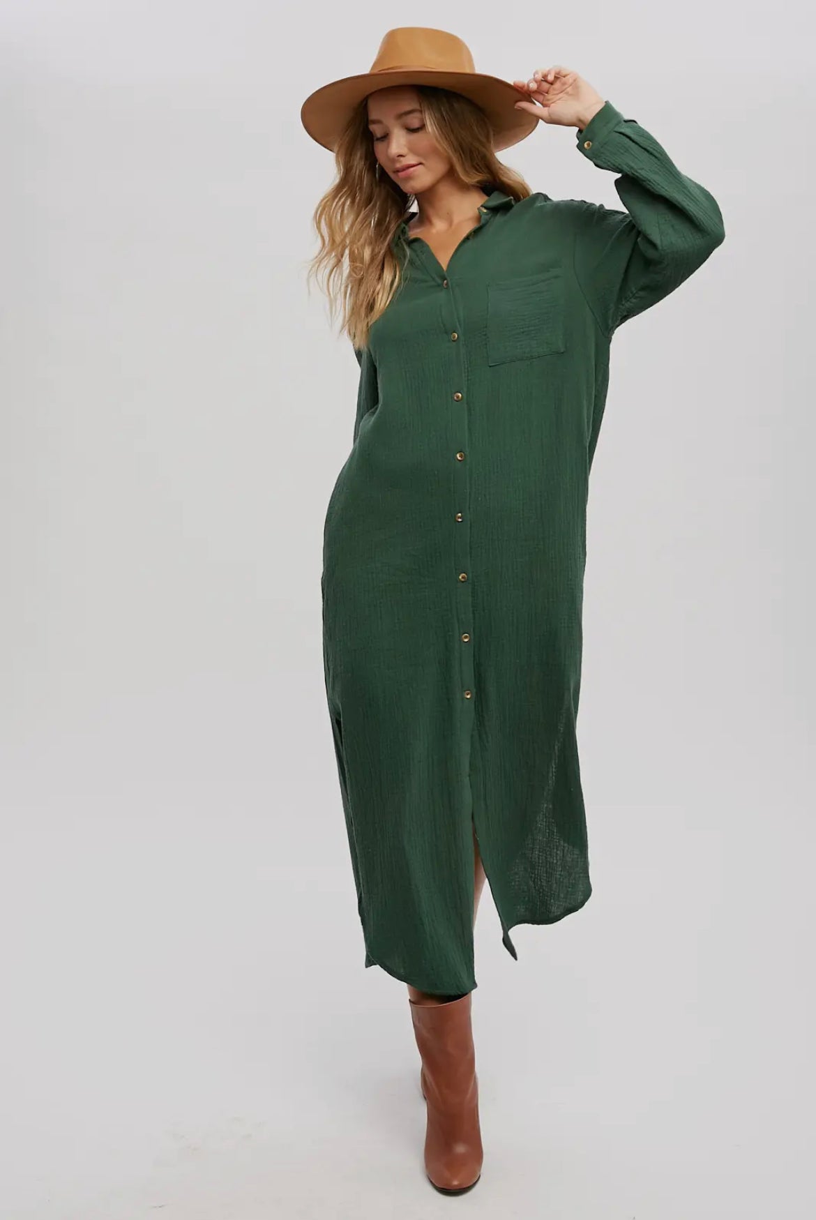 Hunter Green Button Up Maxi Shirt Dress with Pockets