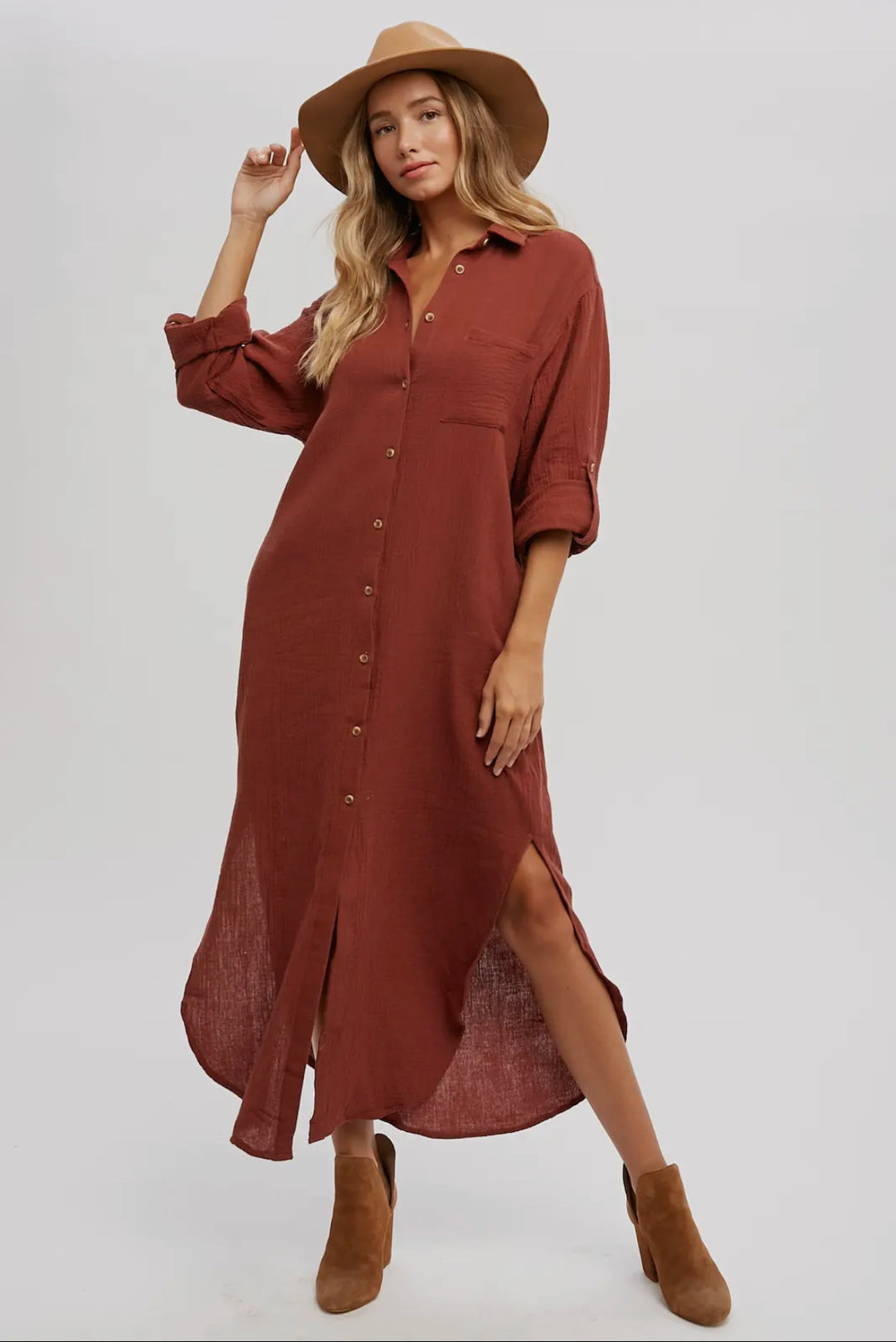 Brick Button Up Maxi Shirt Dress with Pockets