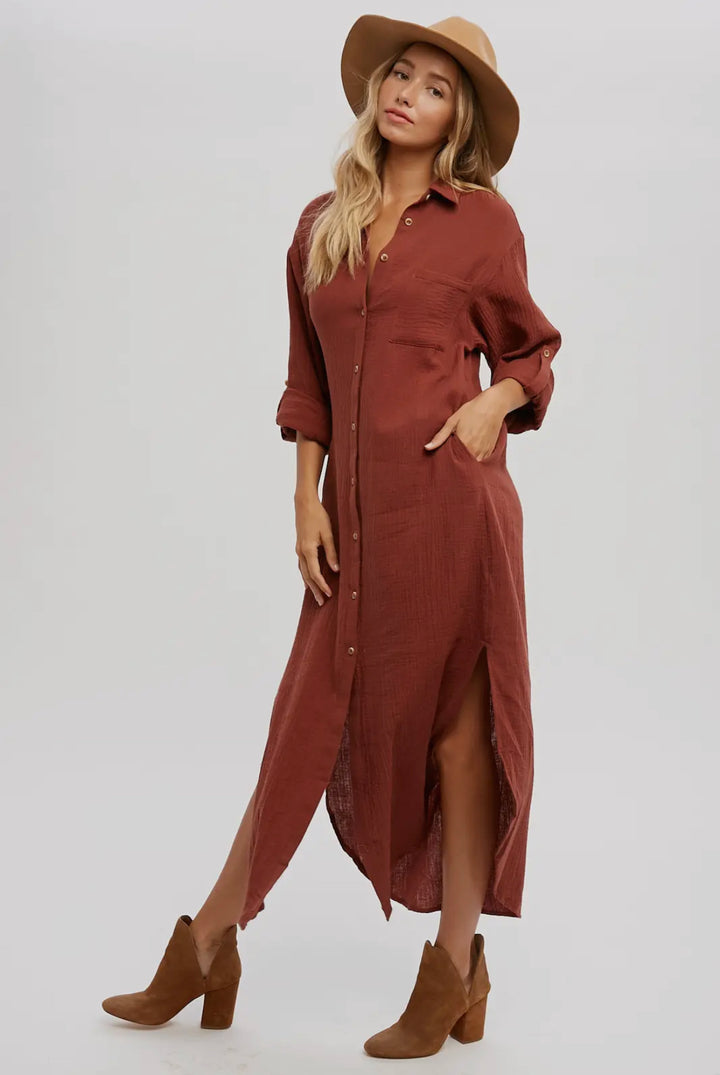 Brick Button Up Maxi Shirt Dress with Pockets