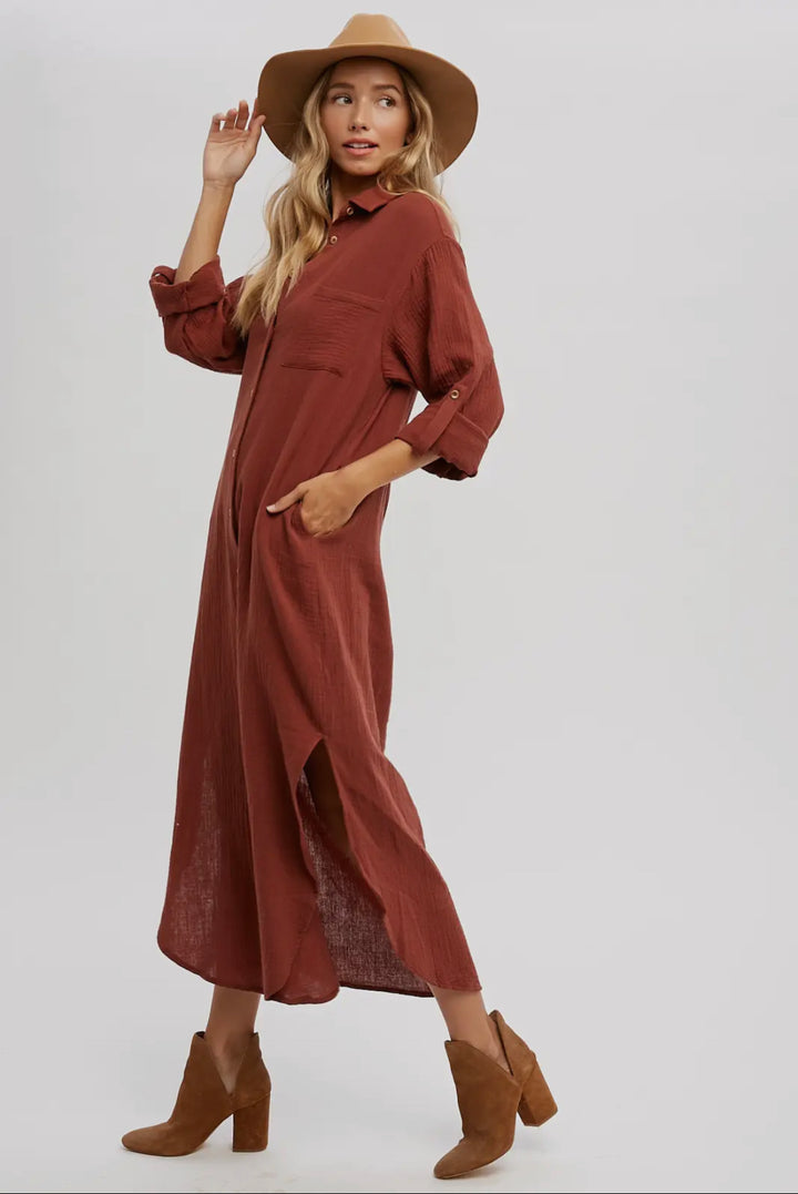 Brick Button Up Maxi Shirt Dress with Pockets