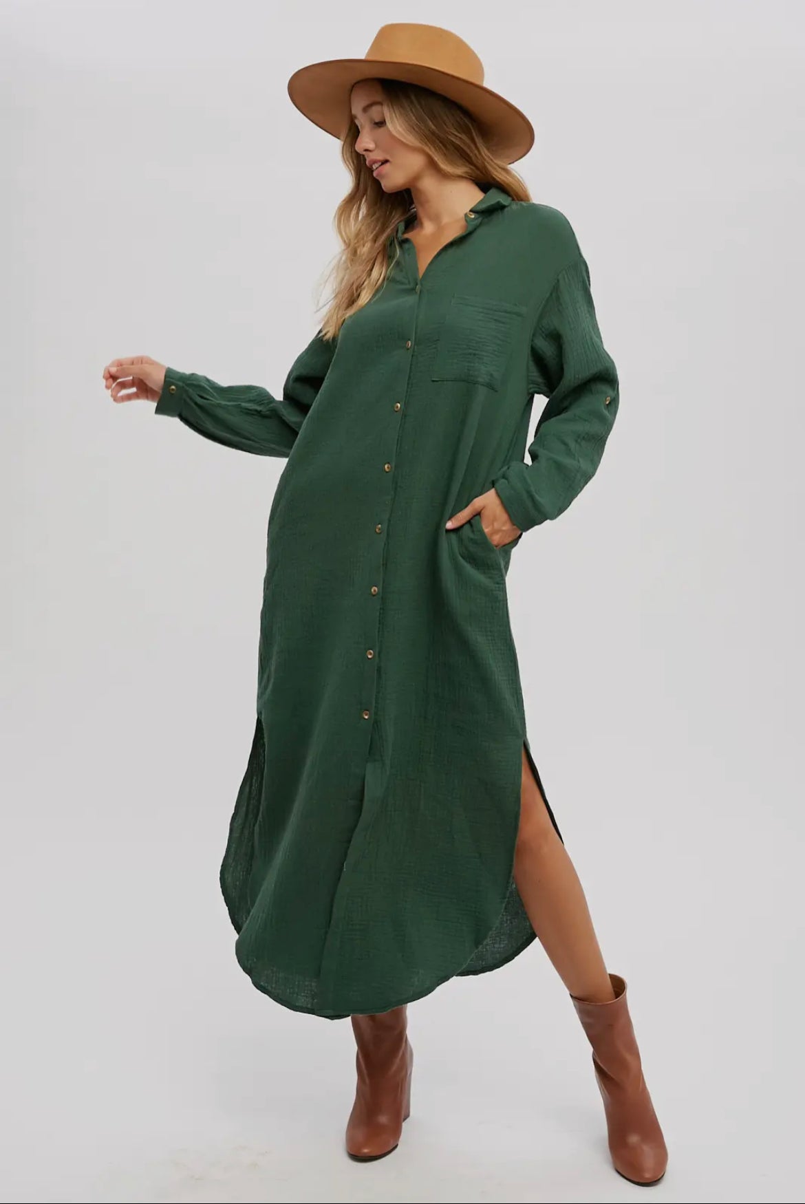 Hunter Green Button Up Maxi Shirt Dress with Pockets