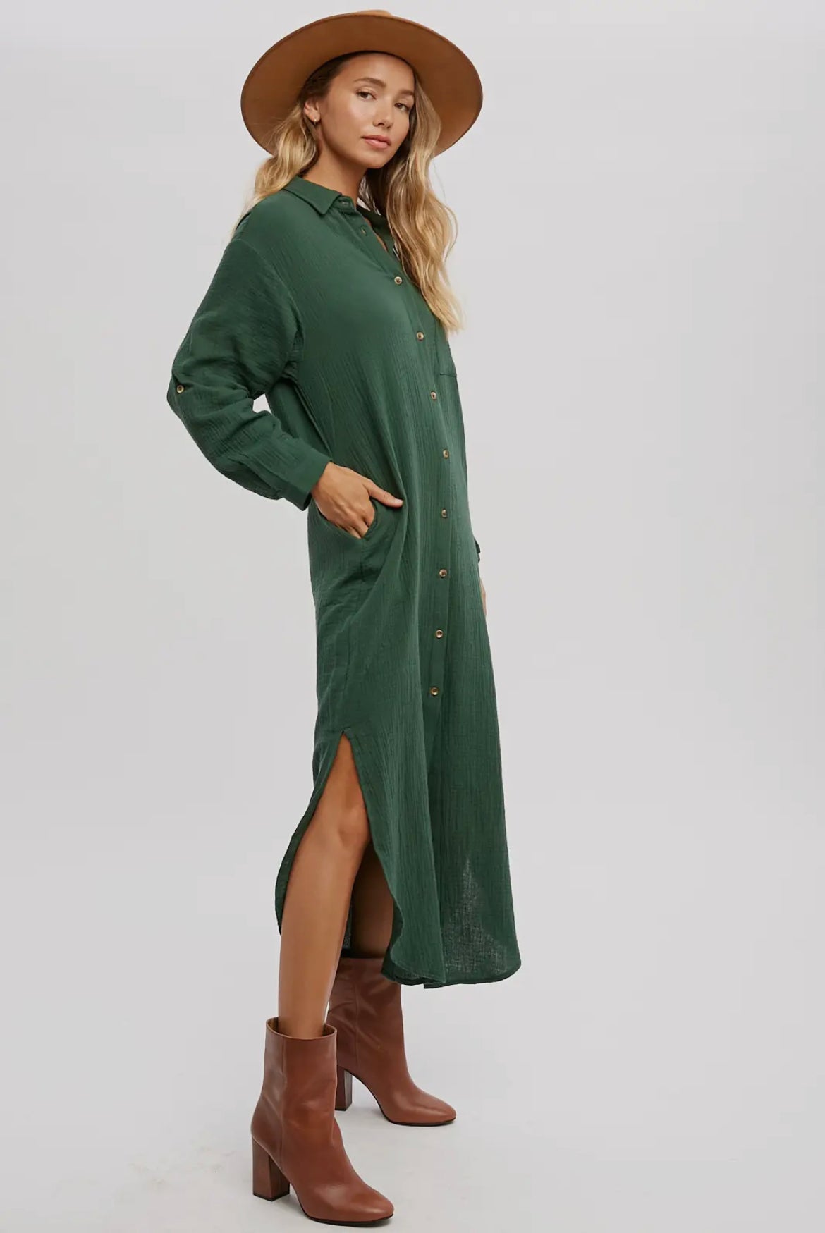 Hunter Green Button Up Maxi Shirt Dress with Pockets