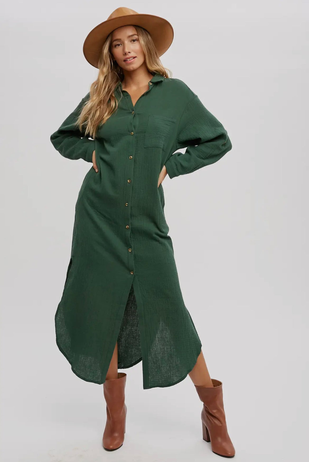 Hunter Green Button Up Maxi Shirt Dress with Pockets