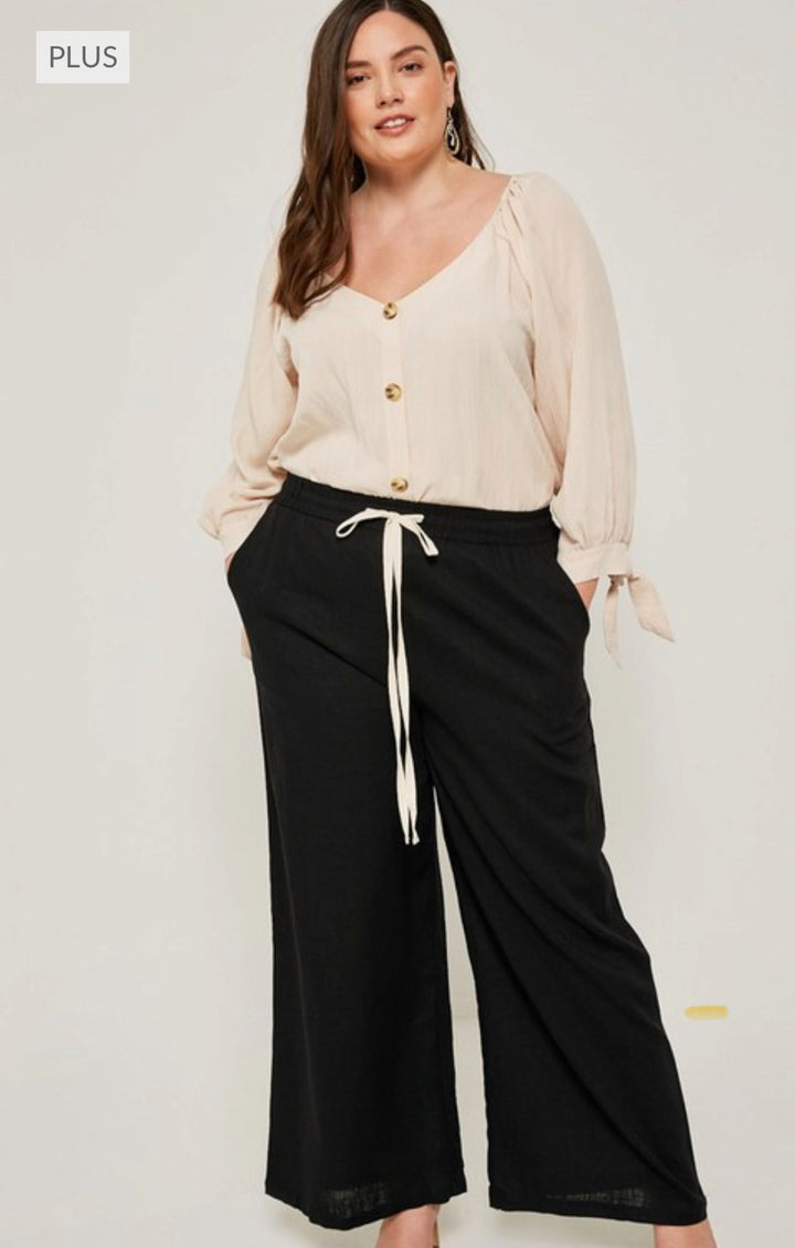 Plus Size Black Linen Drawstring Pants