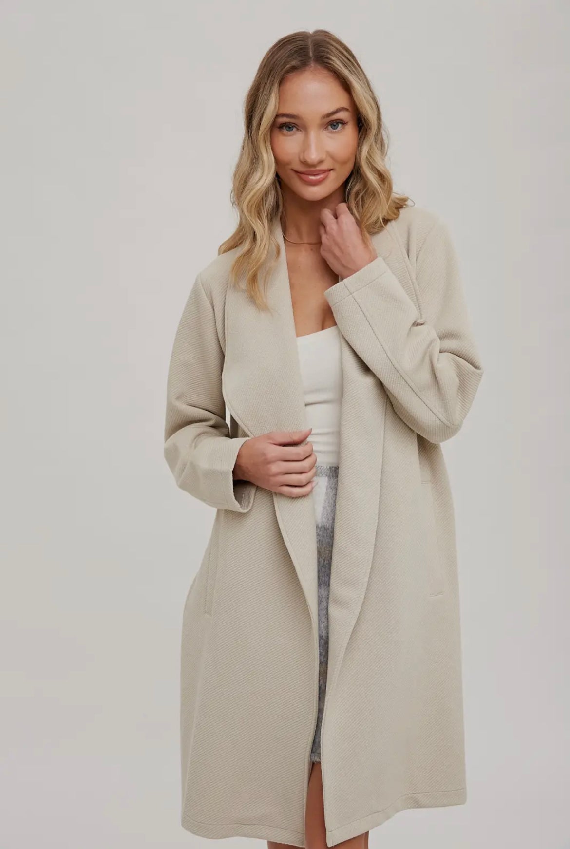 Oatmeal Draped Open Front Coat Jacket