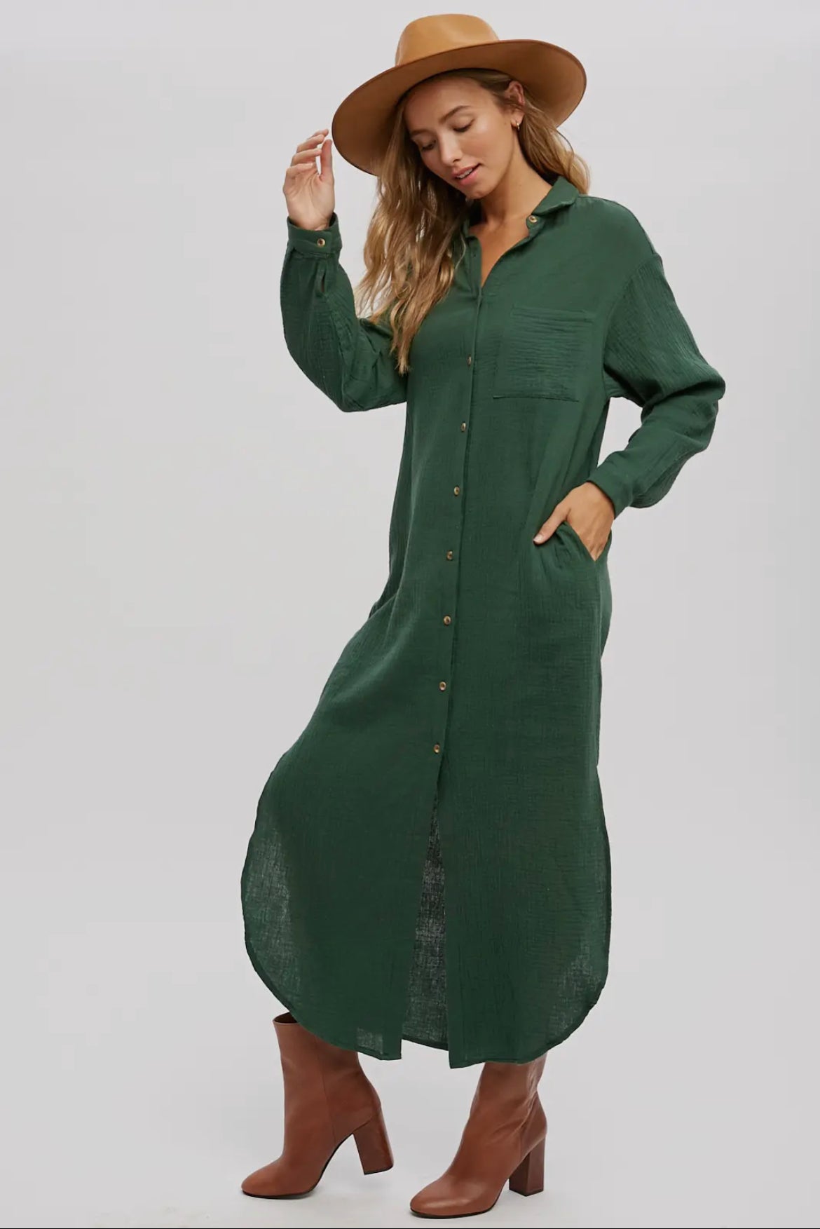 Hunter Green Button Up Maxi Shirt Dress with Pockets