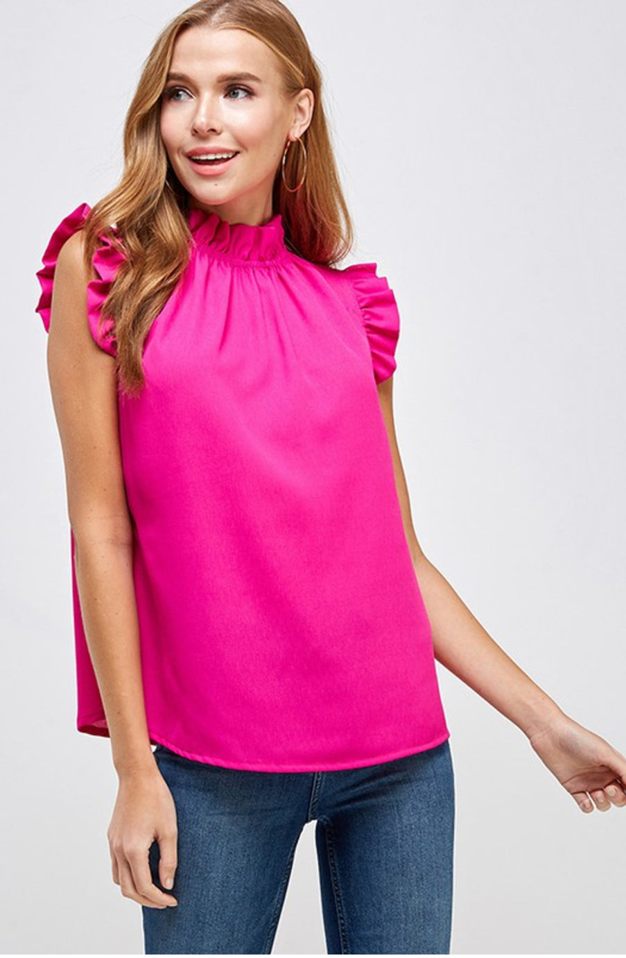 Hot Pink Ruffle Neck & Sleeve Top