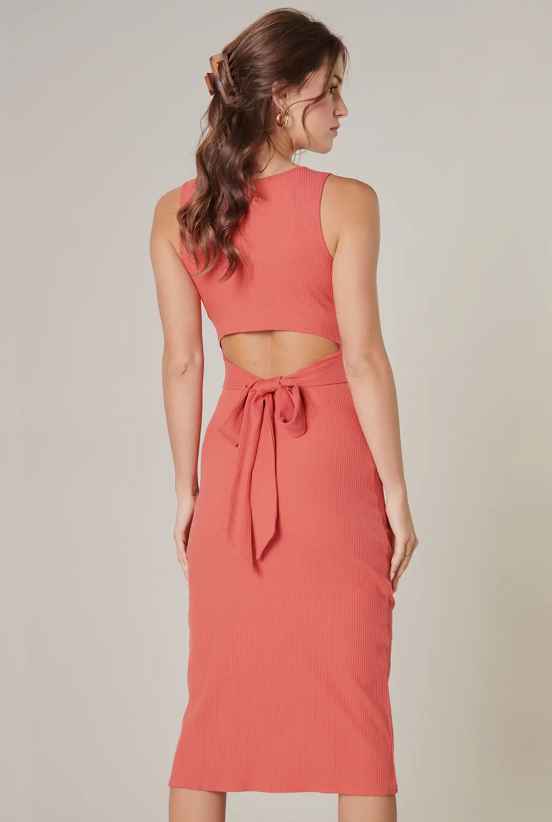Brick Bow Tie Cut Out Midi Dress