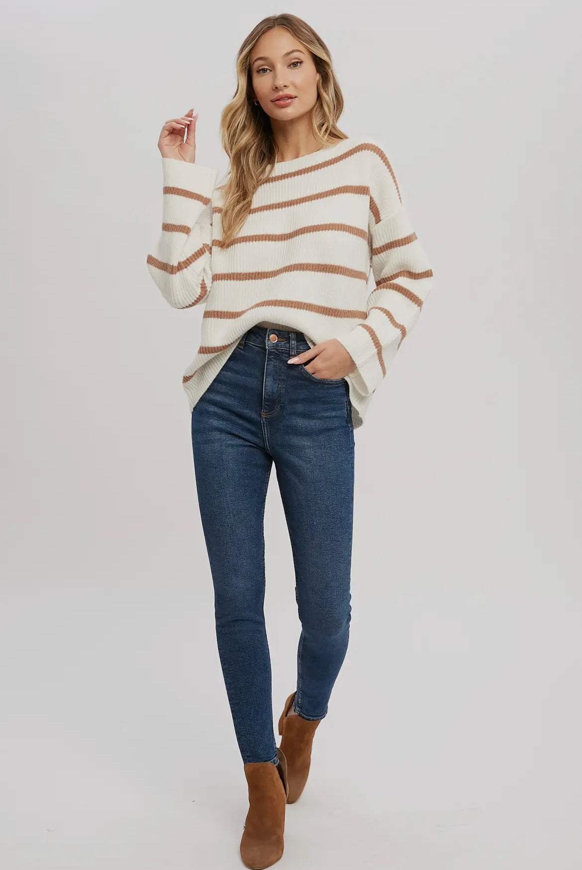 Ivory/Coco Striped Ribbed Pullover Sweater