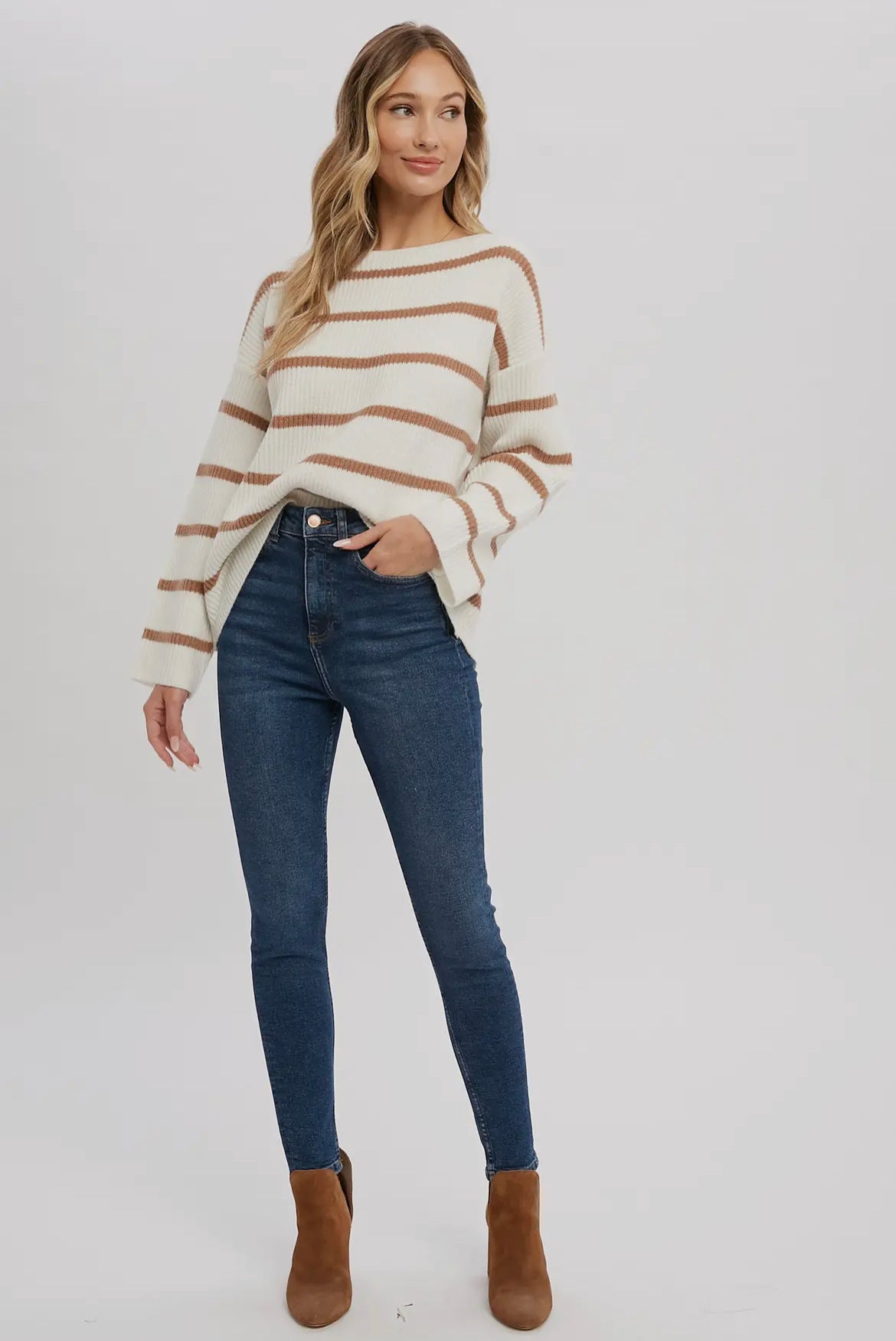 Ivory/Coco Striped Ribbed Pullover Sweater