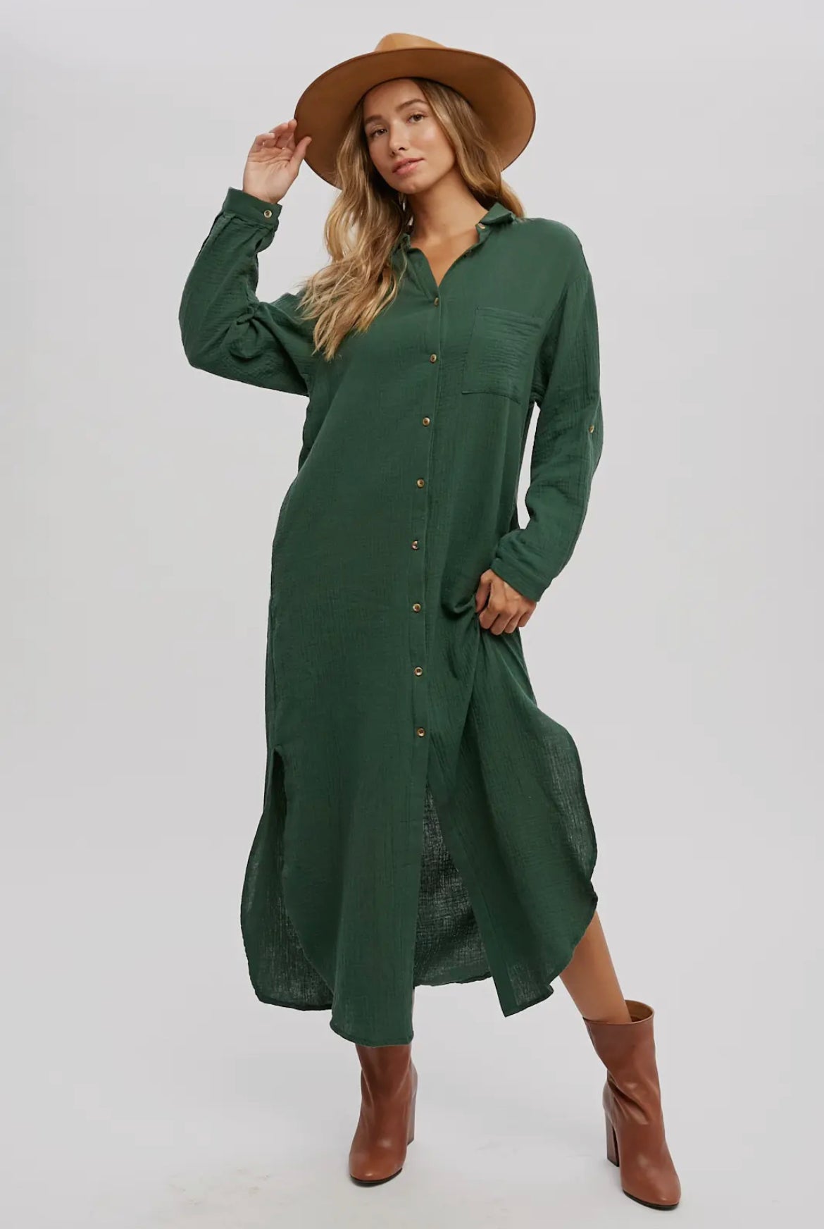 Hunter Green Button Up Maxi Shirt Dress with Pockets