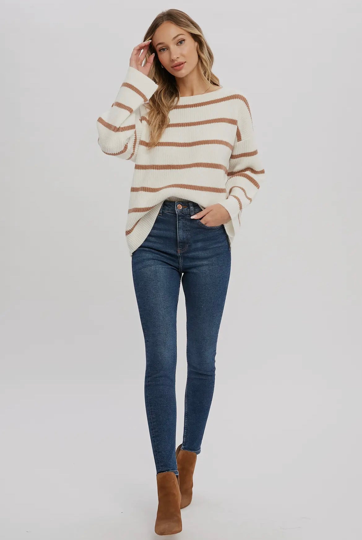 Ivory/Coco Striped Ribbed Pullover Sweater