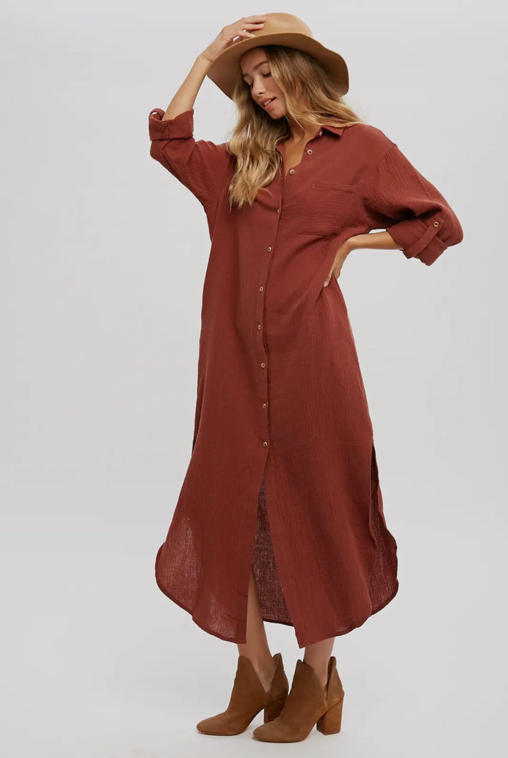 Brick Button Up Maxi Shirt Dress with Pockets