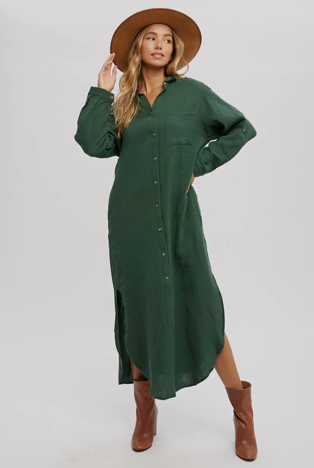 Brick Button Up Maxi Shirt Dress with Pockets