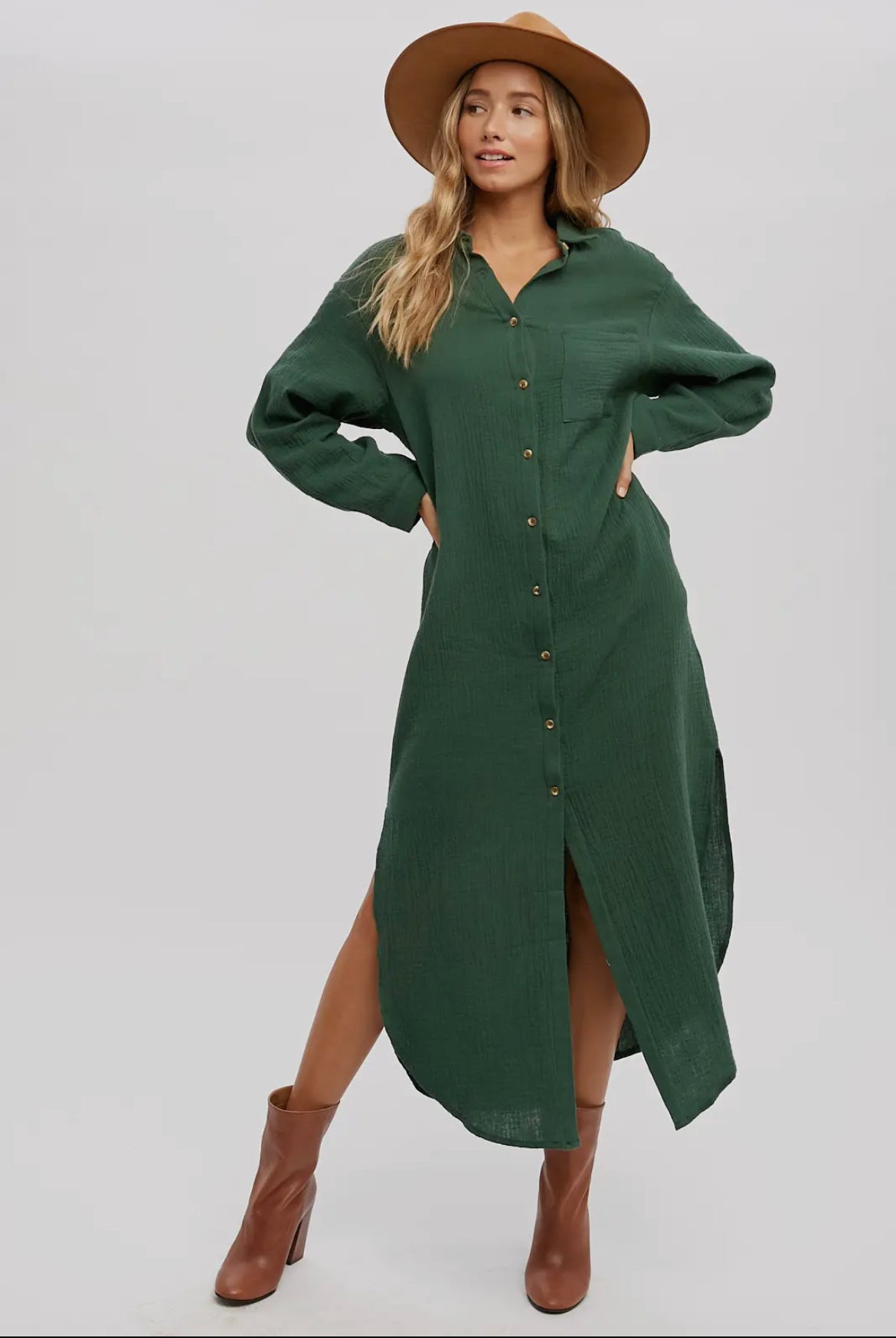 Hunter Green Button Up Maxi Shirt Dress with Pockets