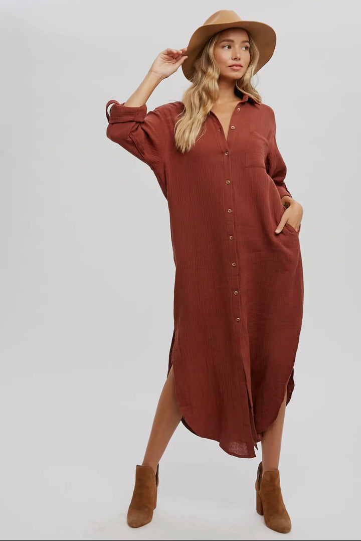 Brick Button Up Maxi Shirt Dress with Pockets
