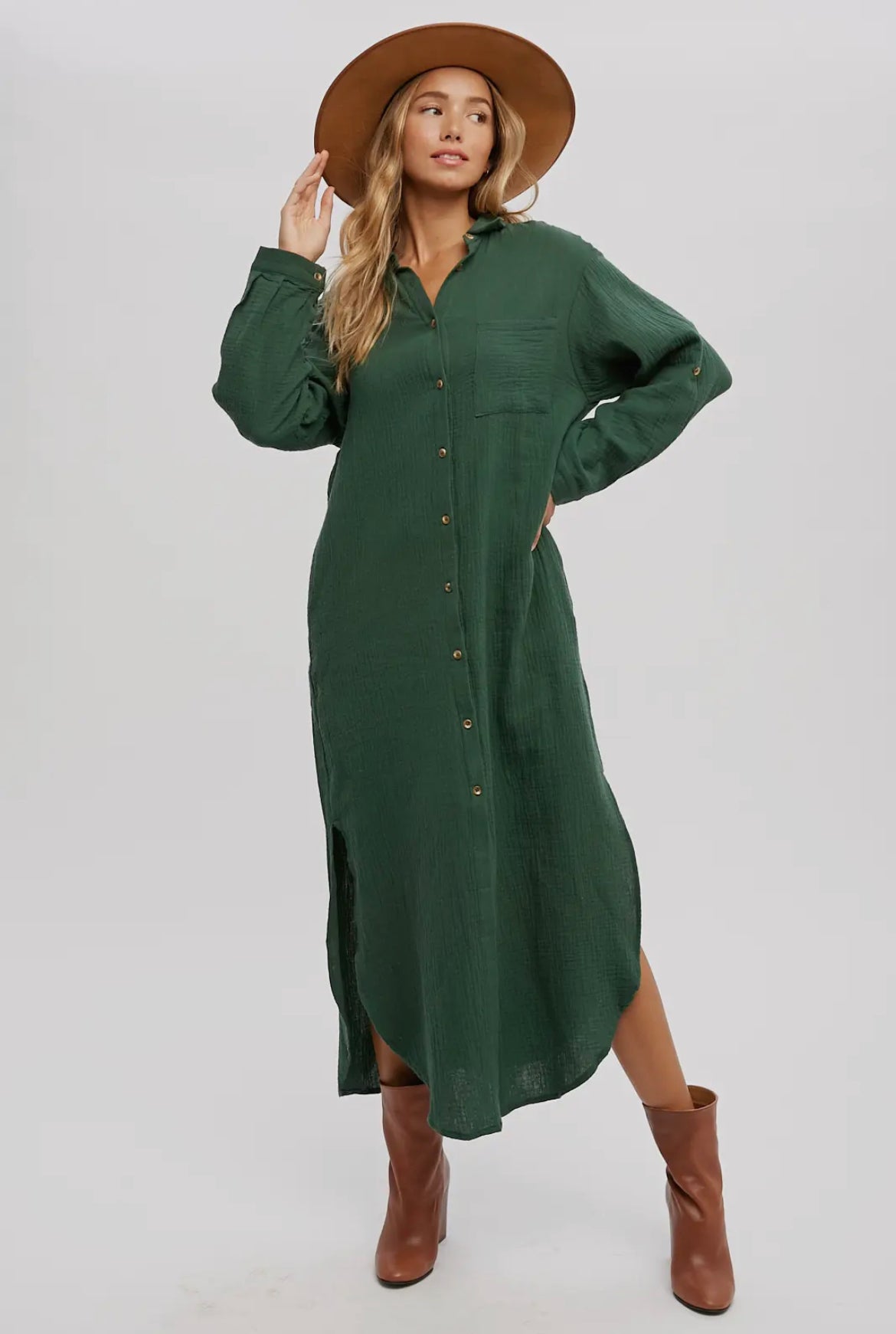 Hunter Green Button Up Maxi Shirt Dress with Pockets