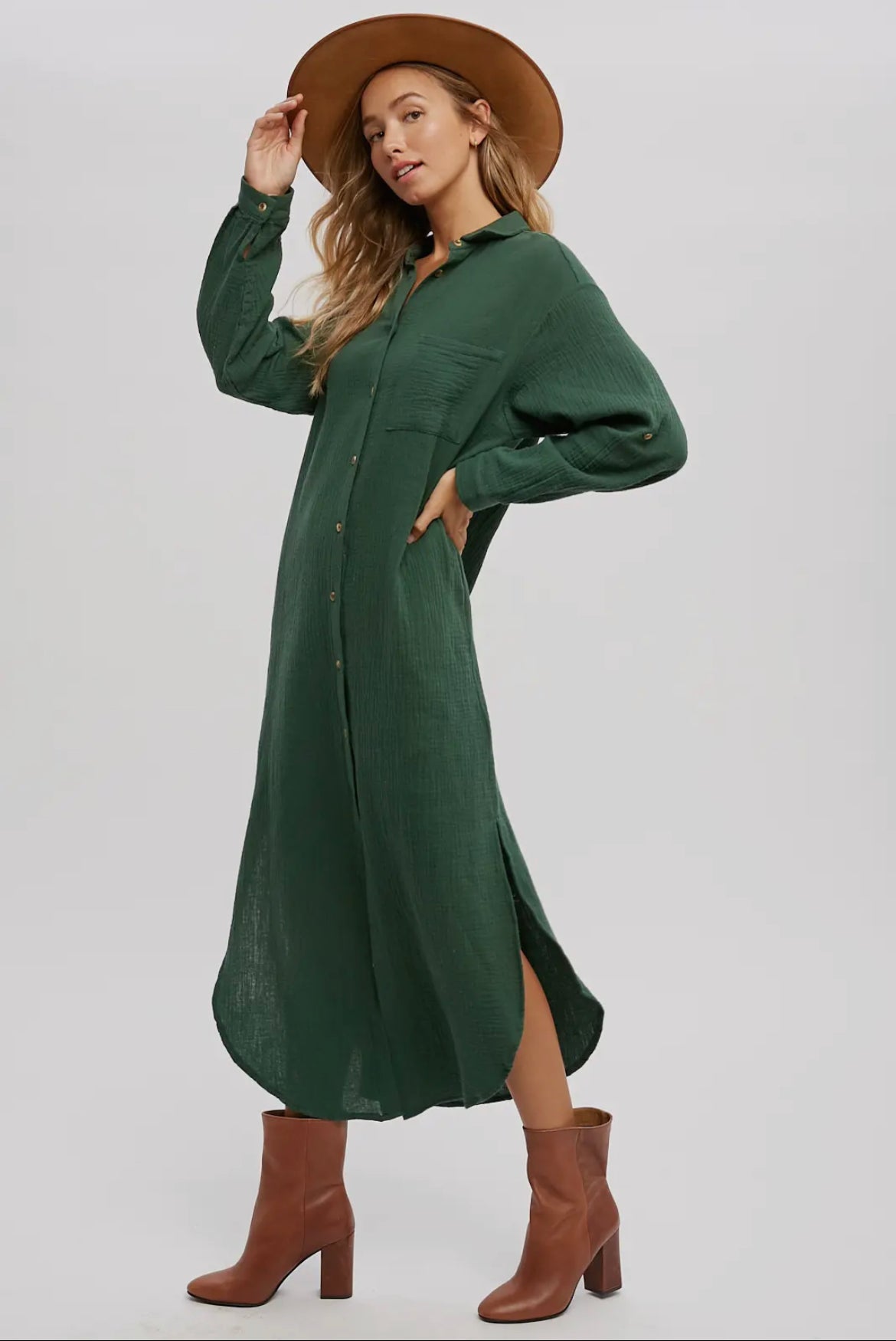 Hunter Green Button Up Maxi Shirt Dress with Pockets