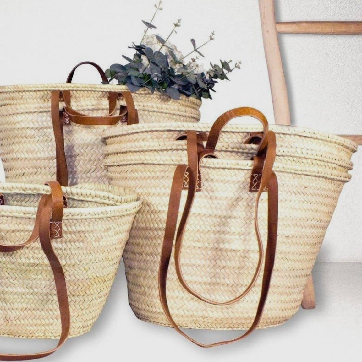 Handmade French Farmers Market/Beach Straw Bag with Double Flat Light Natural Leather Handles