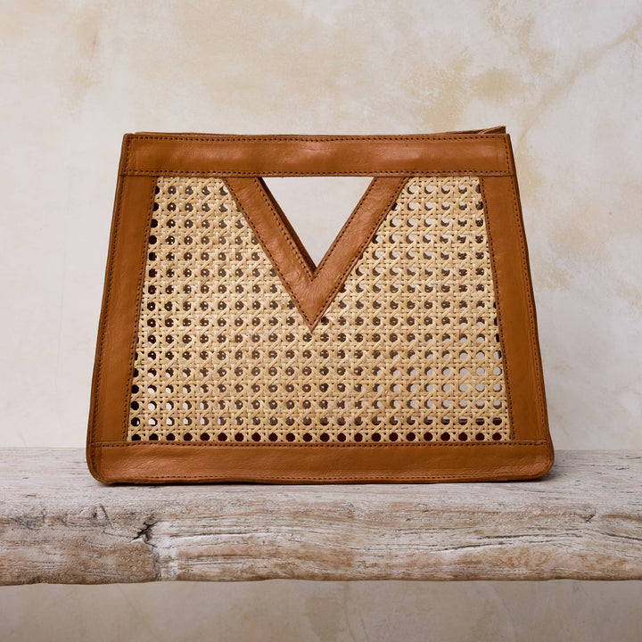 Brown Cane Weave Rattan Triangle Handbag