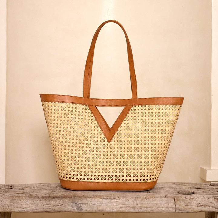 Large Square Cane Weave Rattan Tote with Triangle