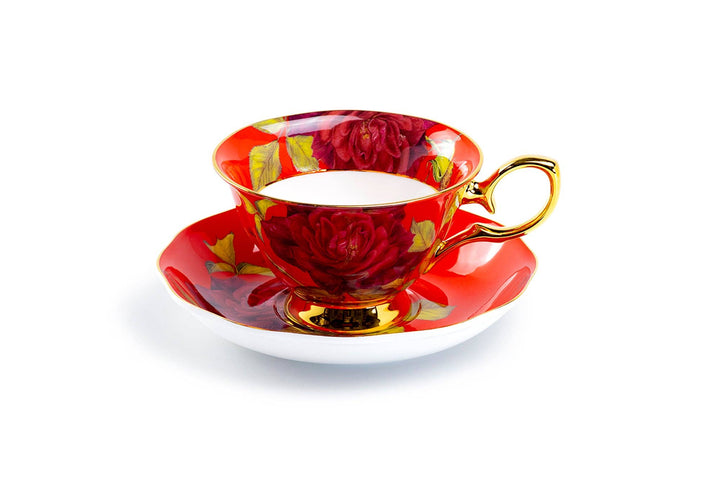 Gold & Red Stem Rose Bone China Tea Cup and Saucer