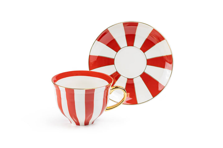 Red Carousel Stripes Fine Porcelain Cup and Saucer