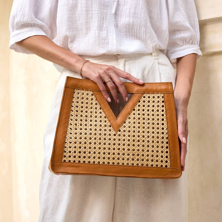 Brown Cane Weave Rattan Triangle Handbag